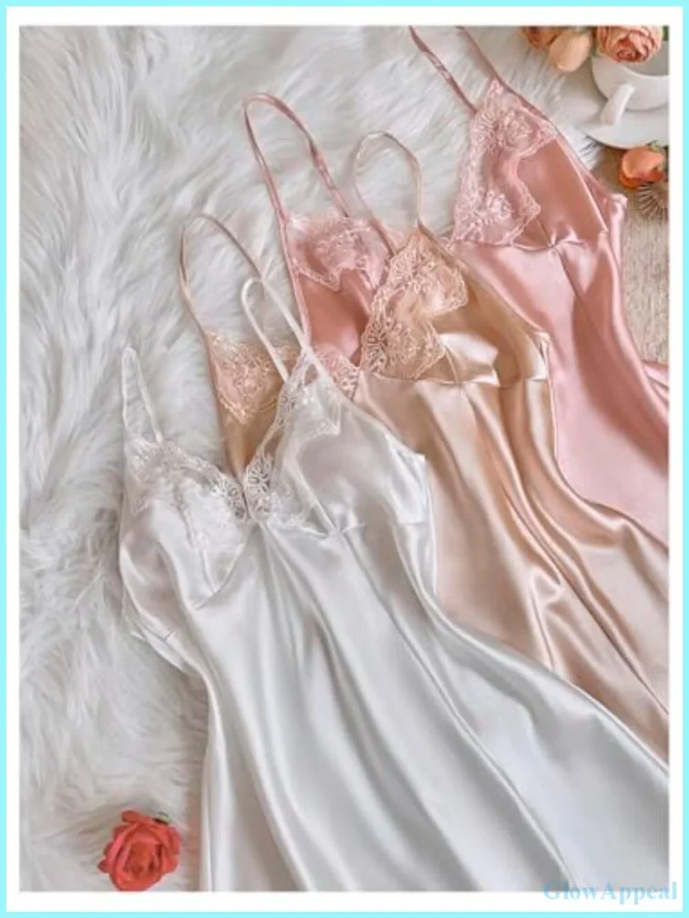 3 Pack Satin Nightgowns Lace Trim Spaghetti Strap V Neck Slip Dress Sleepwear